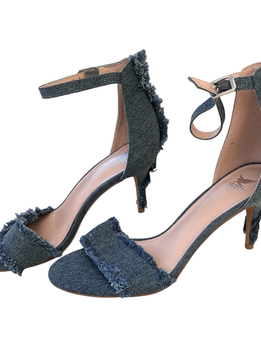 Frayed Denim Ankle-Strap Heels - Blue